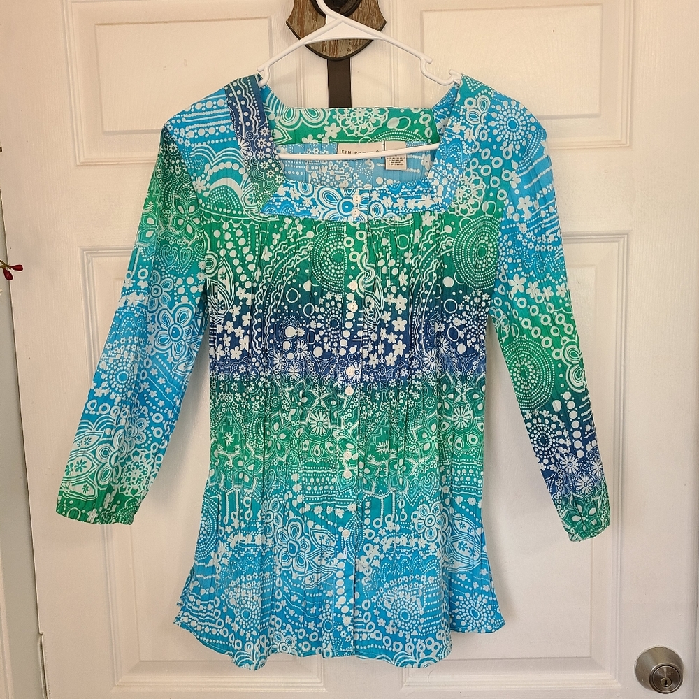 (412) Kim Roger's Woman's Quarter Sleeve Floral Print Blouse, Size: S Color:Blue